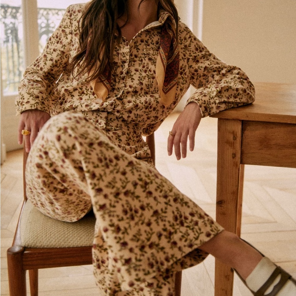 Sezane Cream Floral Button-Up Blouse